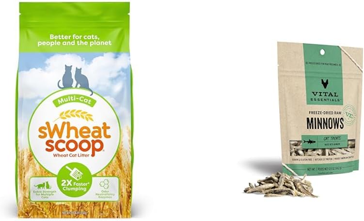 sWheat Scoop Natural Wheat Multi-Cat Litter 25 Pound Bag and Vital Essentials 0.5 oz Freeze-Dried Raw Cat Treats Minnows