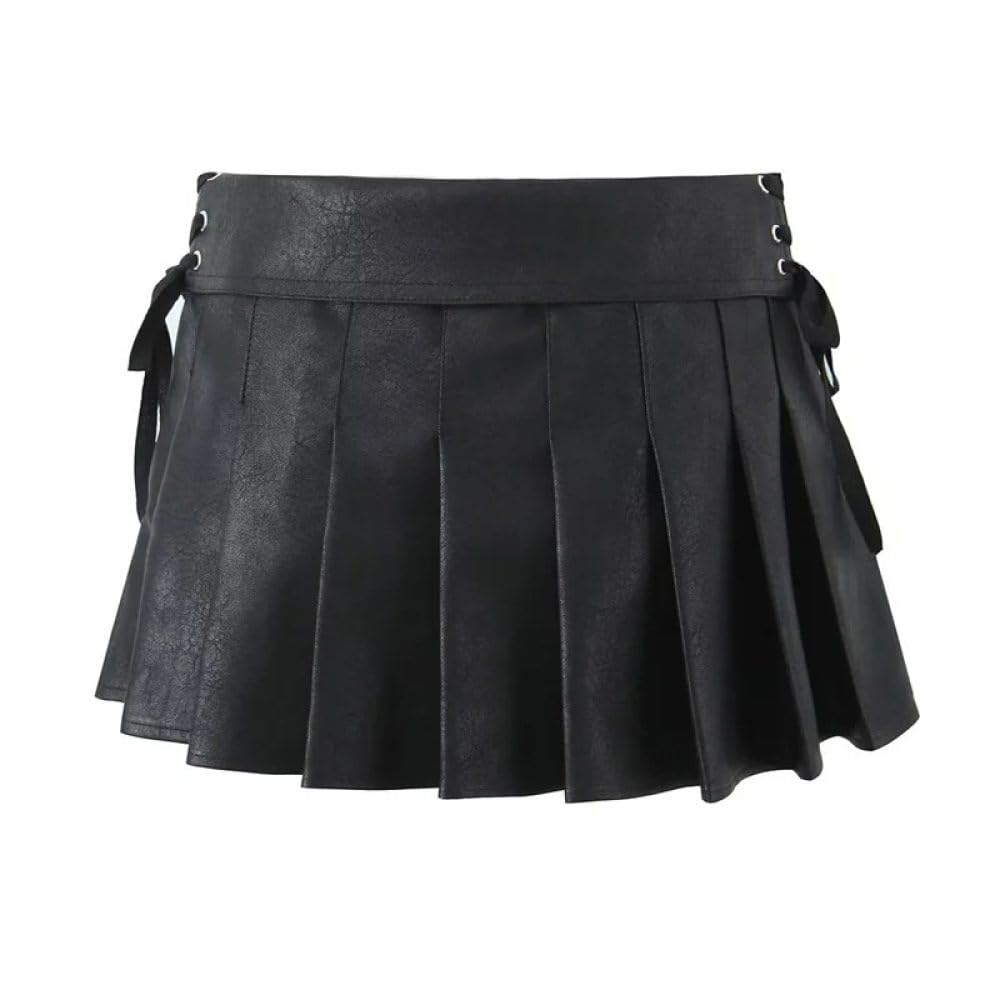 SWEPER Falda Corta De Mujer - Minifalda Plisada Dulce De Cuero Artificial con Cremallera Lateral Decorativa con Cordones para Mujer