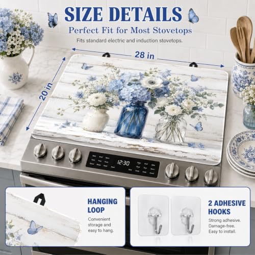 Image of Blue White Floral Stove Top Cover,28x20 Inch,Rubber Glass Cooktop Protector