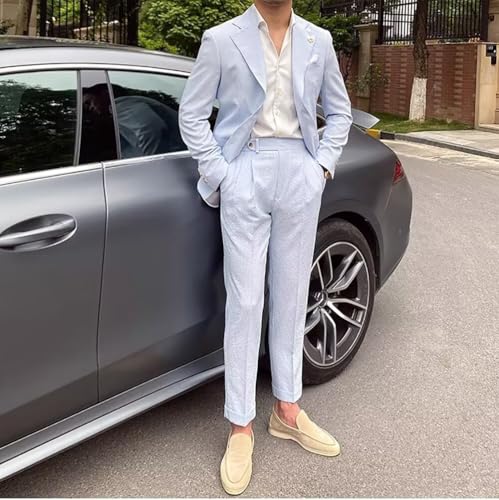 Mens Striped Seersucker Suit 2 Piece Slim Fit Casual Suit for Wedding Lightweight Tuxedo4