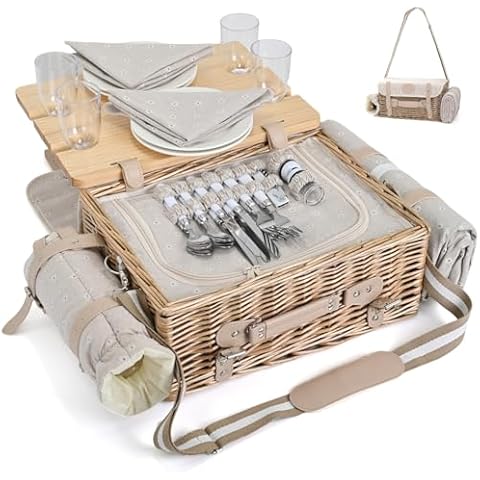 Insulated Wicker Picnic Basket Set for 4 Cover