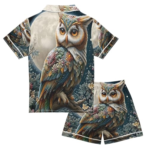 ALAZA Magical Owl Moon Flower Blossom Satin Pajamas Set Short Sleeve Button Down Sleepwear Summer Pjs 2 Piece2