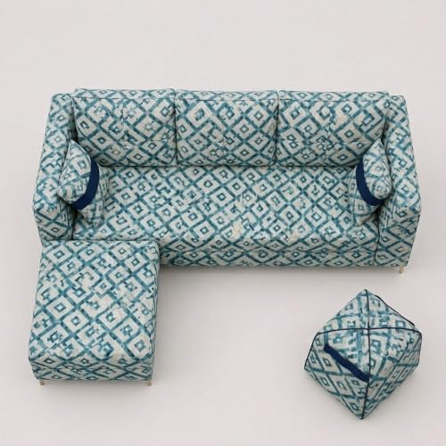 Image of FURNY Signature Cresta 5-Seater L-Shape Sofa Set with Movable Ottoman & Suri Pouf | Flexible LHS /RHS Layout | Tapestry Fabric | 40D Foam + Zigzag Spring | 3-Yr Warranty (Lagoon Mosaic Blue)