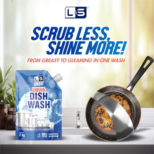 Image of L&S Lite Liquid Dish Wash | 2 kg Refill Pouch | Tough on Grease, Safe on Hands | Concentrated Dishwashing Gel for Sparkling Clean Utensils (LITEDISHWASH 2KG 01)