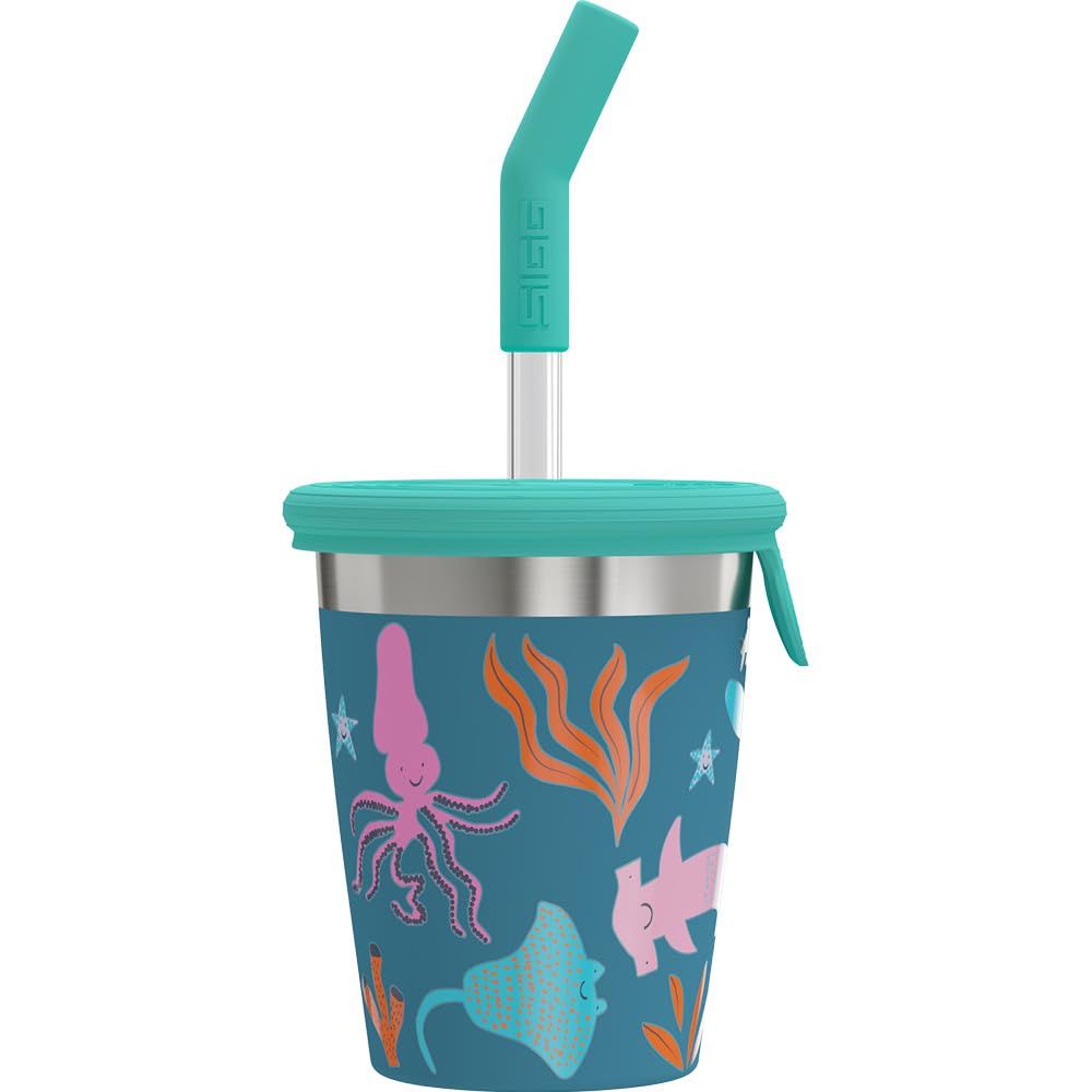 Sigg - Stainless Steel Children's Cup with Silicone Lid and Straw - Splash-Proof - BPA-Free - Lightweight & Robust - Underwater Animals - 0.35 L
