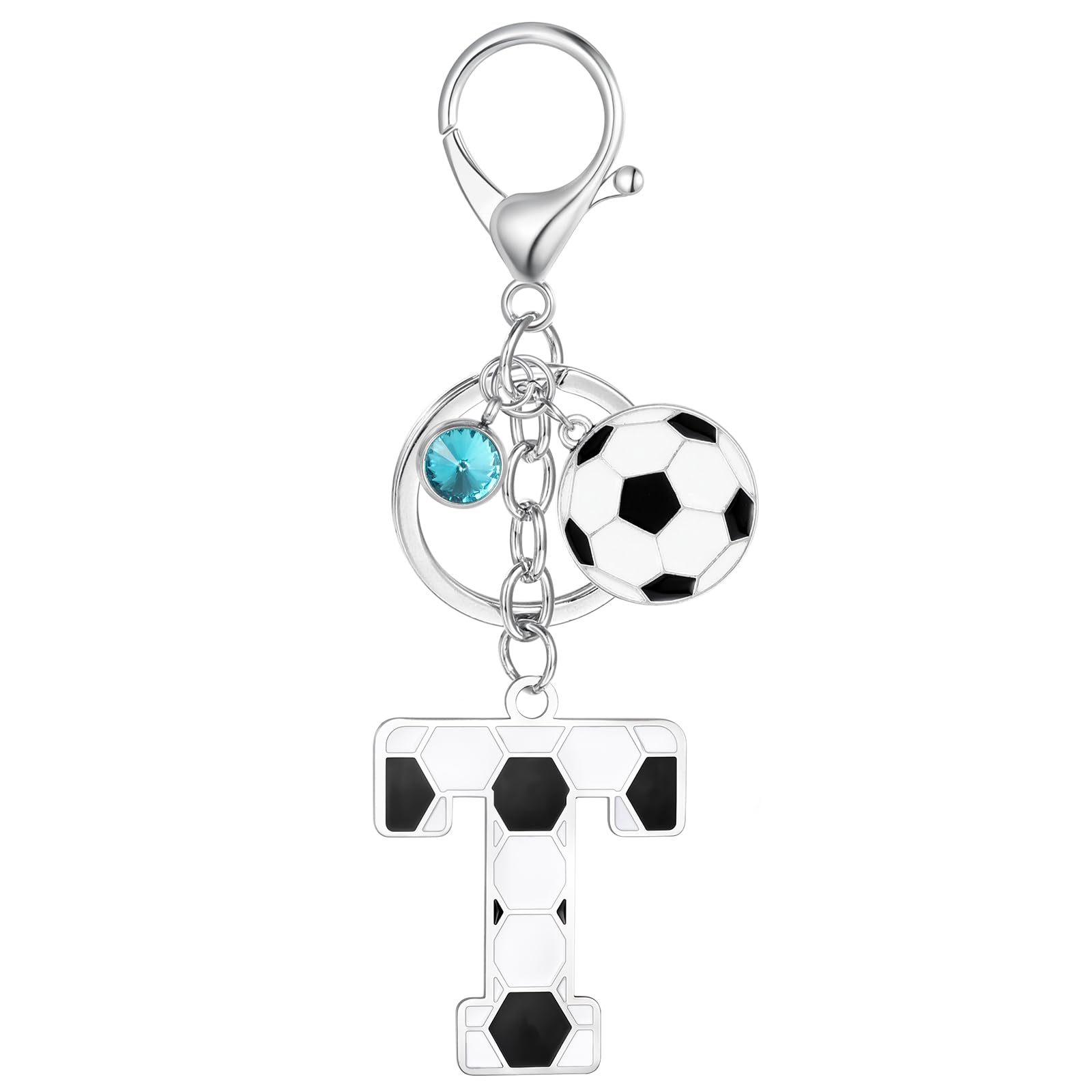MWOOT Football Alphabet Initial Letter Keychain, Soccer Design Name Keyring with Rhinestone Football Pendant for Boys Girls, Soccer Lovers Keyring Gifts for Door Car Key Backpack Decor(T)
