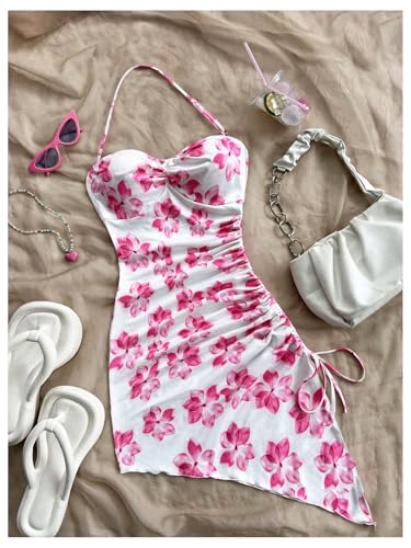 Milumia Girl's Floral Print Boho Halter Drawstring Asymmetrical Hem Slit Mini Dresses3