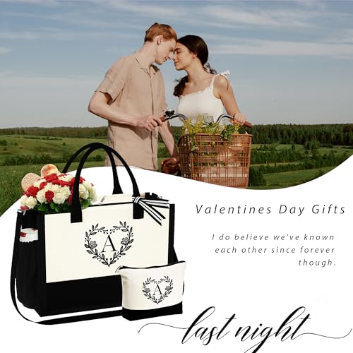 YOOLIFE Mothers Day Gifts - Initial Canvas Tote Bag Makeup Bag, Personalized Gifts for Women Mom Wife Teacher Friend Birthday3