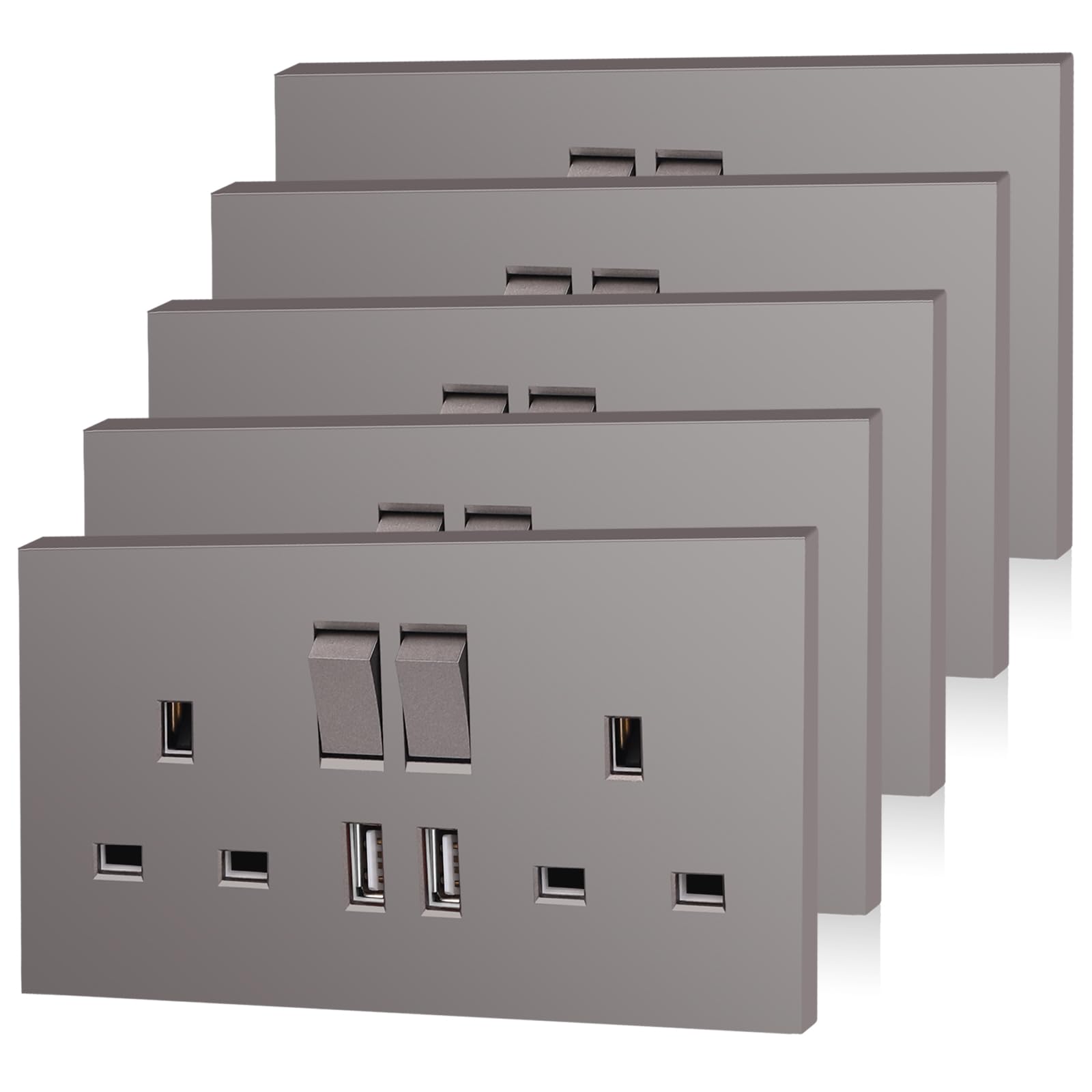 5 Pack CNBINGO Double Switched Power Socket with 2 USB-A Charging Ports (2.1A Output), Electric Power Socket 2 Gang 13 Amp, Grey Double Wall Outlet