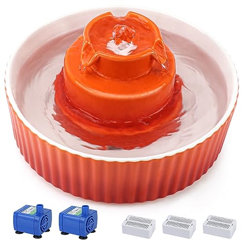 Image of Lawfery Ceramic Cat Water Fountain, 2.1L /70oz Cat Fountain with 3 Carbon Filters and 2 Water Pumps, Cupcake Pet Water Fountain for Cats and Dogs (Orange)