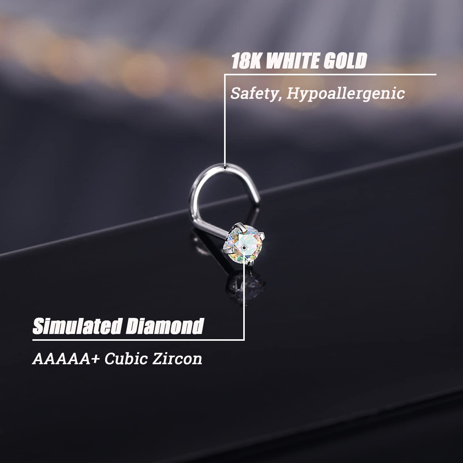 ZS 18-karatowe prawdziwe złoto 20G pierścienie do nosa dla kobiet mężczyzn, 1,5 mm 2 mm 3 mm CZ symulowany diament, solidny kolczyk do nosa 7 mm, niedrażniąca skóra biżuteria do ciała