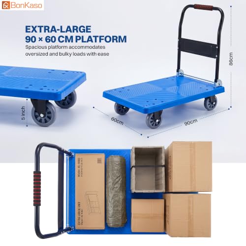 Image of Bonkaso Heavy Duty Platform Truck 500 Kg Load Capacity, Foldable Metal Handle, Blue Anti-Slip Plastic Deck, TPR Wheels, Reinforced Base, Material Handling Trolley for Warehouse & Industrial Use