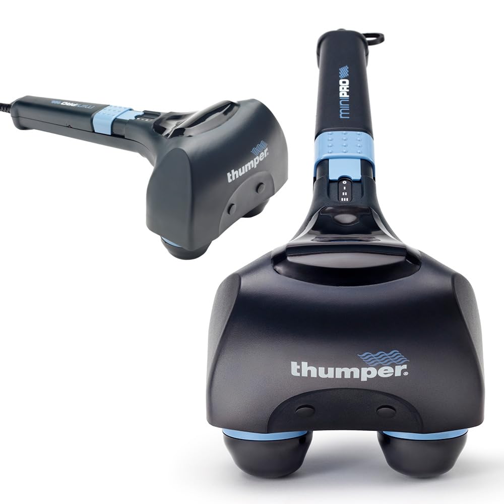 Thumper Mini Pro Percussive Massager - Deep tissue massage for muscles, back, shoulders, legs, arms. Powerful percussion electric handheld massage therapy gun with long handle and 3 speeds