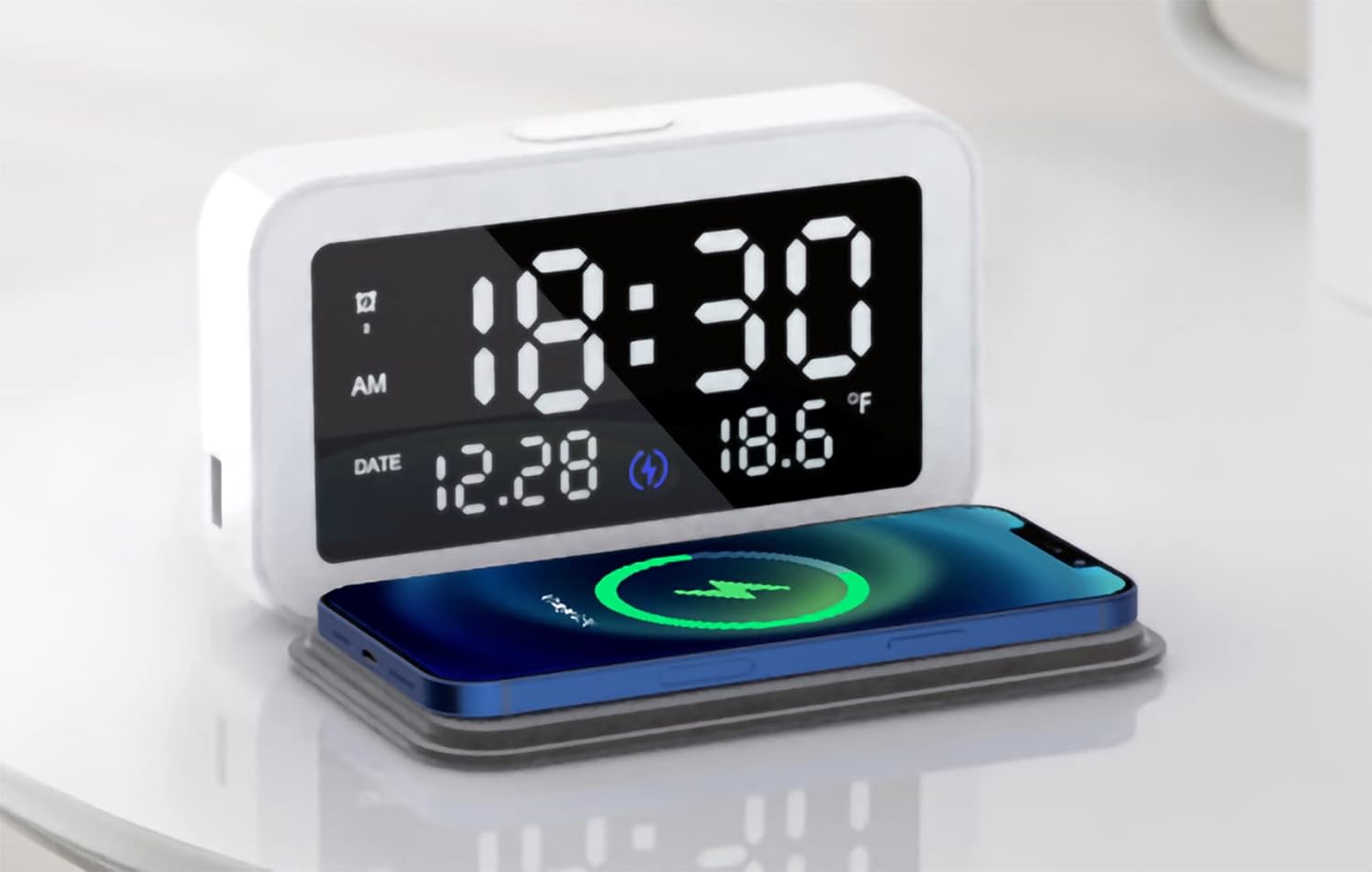 Compact Alarm Clock with Foldable Wireless Charging Pad