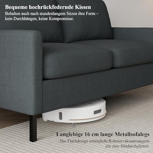 GRAVFORCE Sofa 2 Sitzer mit 2 Ladeports und Seitentasche, Klein Couch 143cm Cloudserie Gemütliches für Jugendzimmer Wohnung Wohnzimmer Büro Couch aus Holz (Stoff, Dunkelgrau, Sofa)