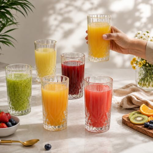 Image of bellemax Crystal Water Glasses, Set of 6, 360 ml, Highball Premium Drinking Glass for Juice, Cold Drinks, Cocktails, Mocktails, Beer, Milk, Multipurpose Usage, Heavy Base (BX-13)