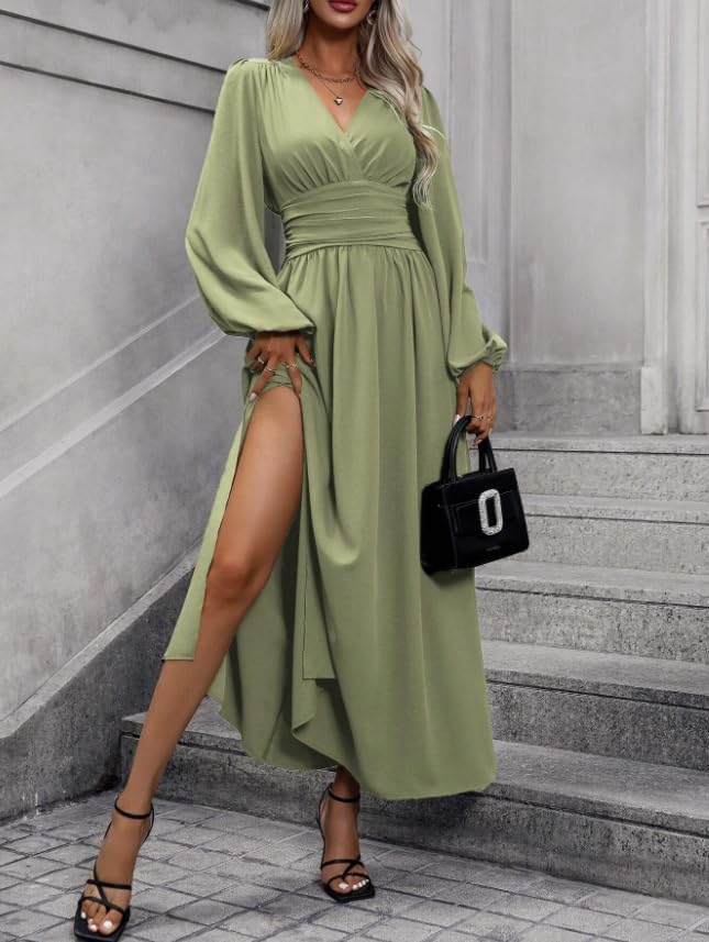 Women's Cocktail Holiday Spring Wedding Guest Dresses Deep V Neck Long Sleeve Split Polyester Caramel Formal Casual - Image 2