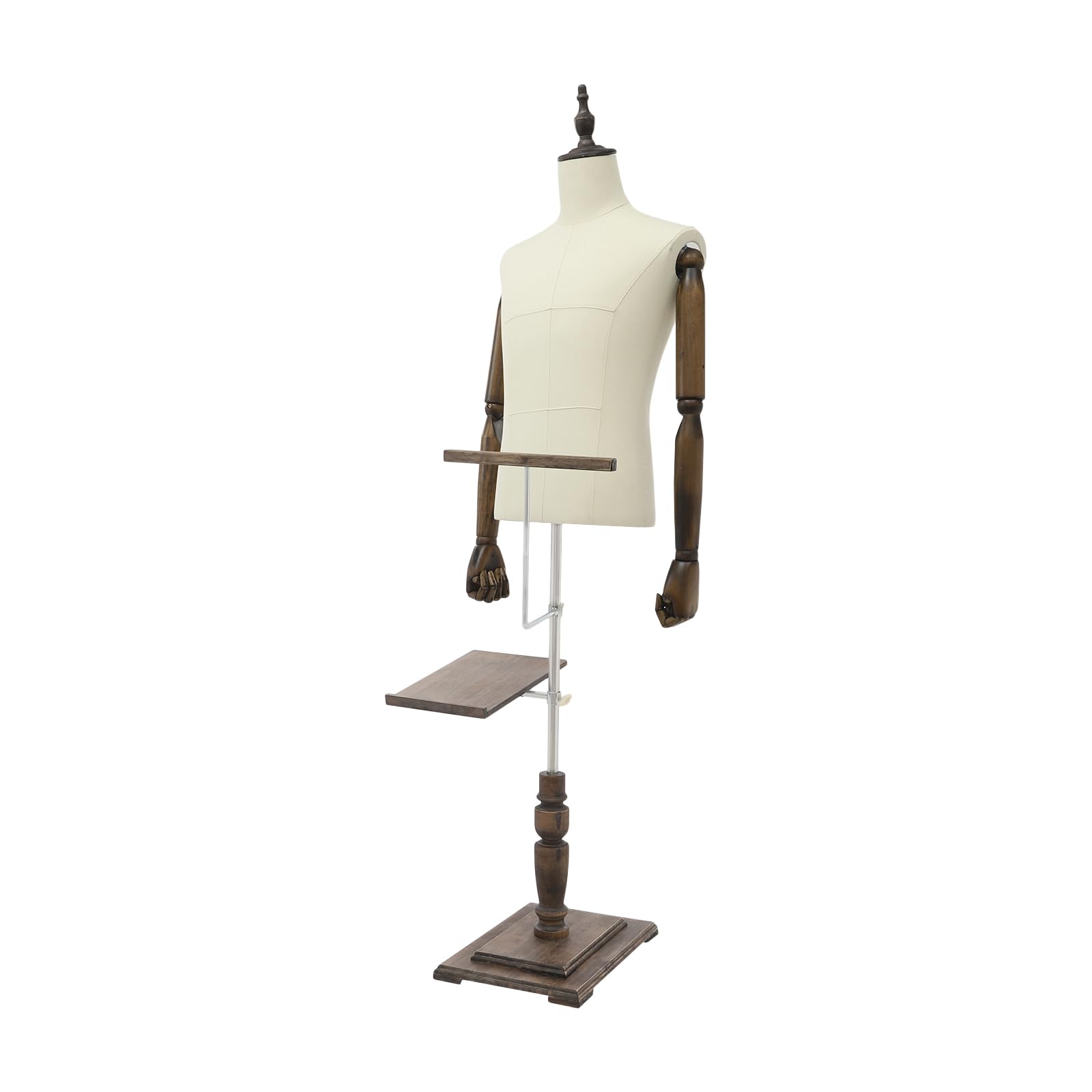 Manichino da sartoria, maschio, regolabile (135 – 180 cm), da uomo, busto sartoriale, corpo con ripiano per pantaloni + portascarpe per esposizioni e cucito (beige, M)
