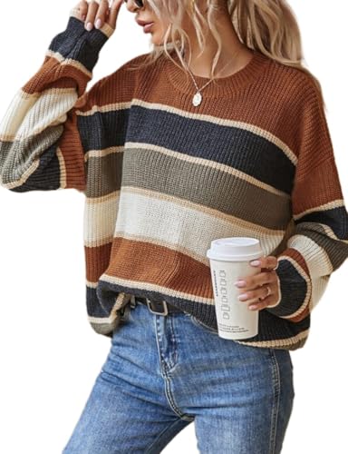 Kinghua Striped Knit Sweater for Women Fall Winter Casual Trendy Crewneck Pullover Color Block Sweaters Y2k Tops