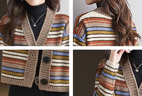 Image of LAI MENG FIVE CATS Women's Striped Cable Knit Sweater Cardigan Long Sleeve Open Front Button Fall Outerwear