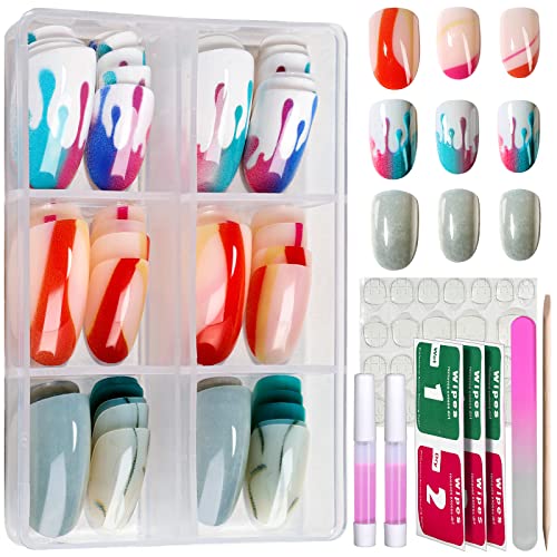 6 Packs (72 Pcs) Oval Press On Nails With Designs, Short Round Press on Nails With Designs, Teenitor Short Oval Fake Nai