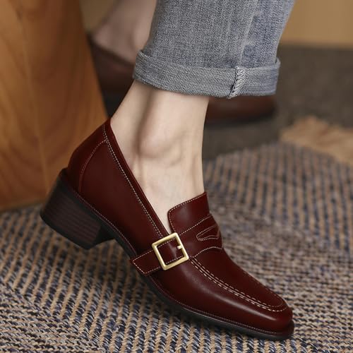 Image of MOOMMO Women Chunky Heel Penny Loafers Square Toe Buckle Slip On Comfort | Office Ladies Loafer Pumps 2 inch Stacked Block Heel Dress Loafers Oxfords Walking Dress Shoes Casual Size 4-11 M US