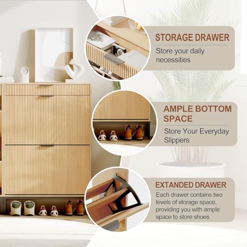 Garvee Fluted Shoe Storage Cabinet with 2 Flip Drawers, Slim Wood Shoe Organizer, Narrow Entryway Furniture with Storage for Small Spaces, Hallway Entrance Apartments, Natural