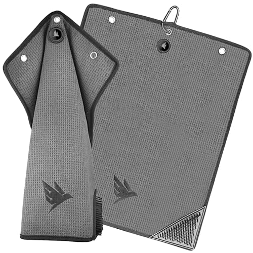 SWIFTEE Ultimate Toalla de golf 4 en 1 de alta calidad con cepillo integrado, imán, marcador de pelota y mosquetón, toalla de microfibra de 760 g/m² con forro interior húmedo y seco (gris)