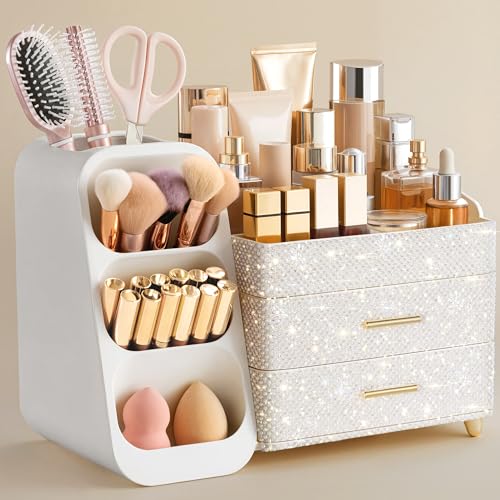 Image of HBlife Makeup Organizer with Brush Holder for Vanity, Large Plastic Bathroom Countertop Organizer Skin Care Storage, Easy to Store Nail Polishes, Perfumes, Eyeshadow Palettes, Pearl All White