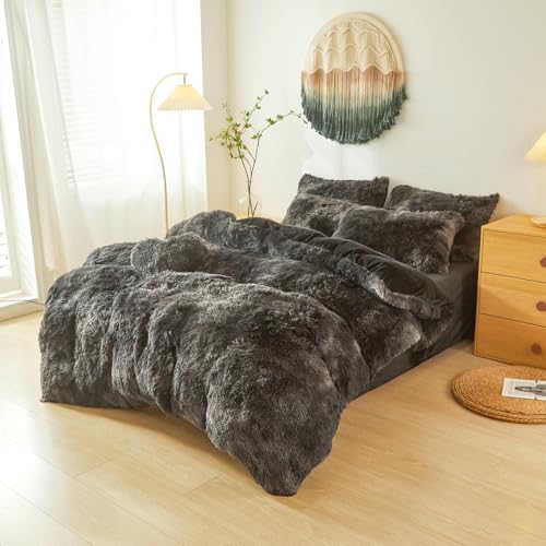 Fluffy Faux Fur Tie Dye Black Comforter Cover Twin Set – Plush Fluffy Tie Dye Black Bedding 2-Piece Set (1 Furry Duvet Cover + 1 Shaggy Pillow Sham) Cozy Bed Set