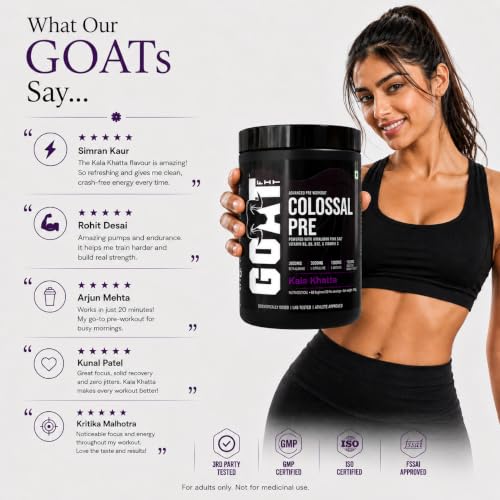 Image of GOAT Fit Colossal Pre | PreWorkout Powder 200mg Caffeine 4g Beta-Alanine 3g Citrulline 1.5g Arginine 1g Creatine with Himalayan Pink Salt (360gm - 30 /60 servings, Kala Khatta)