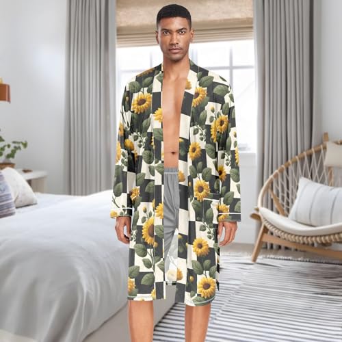 Men’s Robe Plaid Sunflower Print, Long Sleeve Bathrobe for Sleep Shower-M3