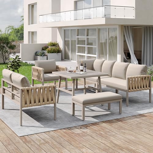 Moimhear Juego de muebles de jardín de cuerda con estructura de hierro galvanizado, patas ajustables, sofá esquinero, mesa de cristal templado, cojines de asiento y respaldo (color madera+beige)
