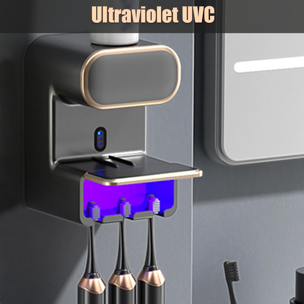 Dispensador de pasta de dientes, soporte para cepillo de dientes de desinfección USB-C con múltiples ranuras para cepillos de dientes para tocador de baño