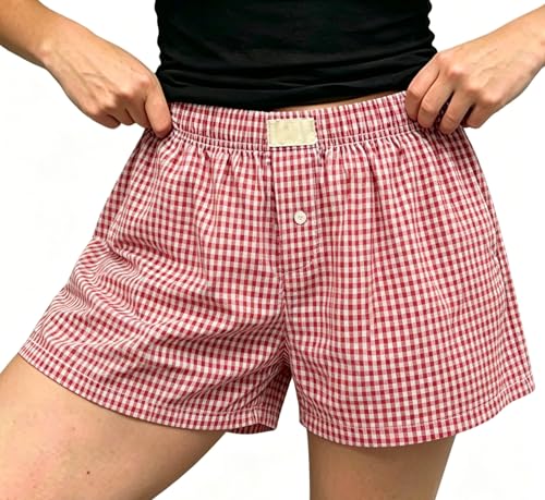 Image of Y2k Plaid Shorts Cute Baggy Ginghem Boxer Shorts for Women Checked Lounge Pajama Bottom Preppy Sleep Pj Shorts