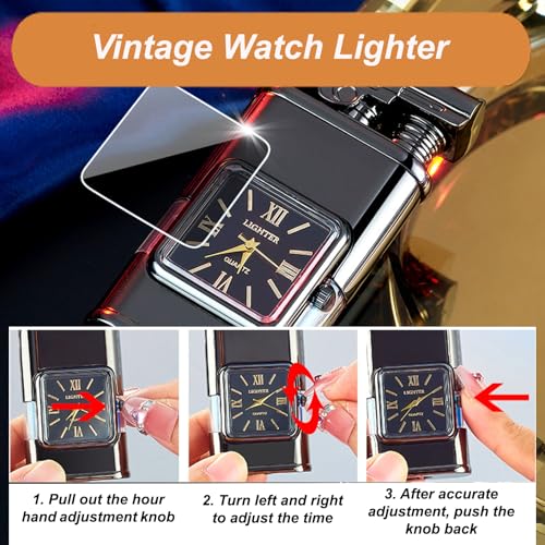 Encendedor vintage con reloj y llama dual a prueba de viento miniatura 6