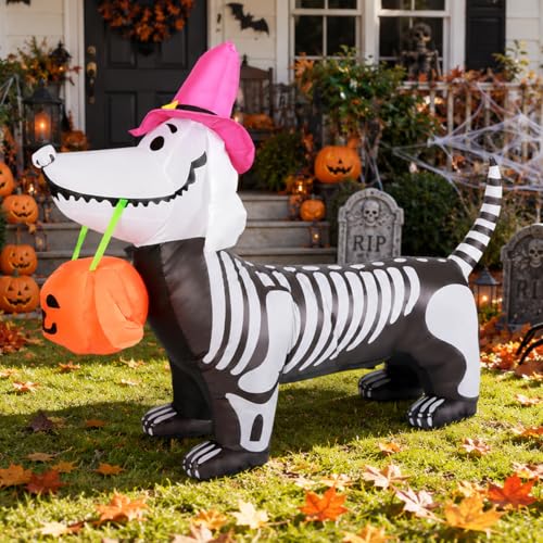 Image of GOOSH 5.5 FT Halloween Inflatables Outdoor Decorations Skeleton Puppy Inflatable Yard Decoration with Build-in LEDs Blow Up Pumpkin for Halloween Party Indoor Outdoor Yard Garden