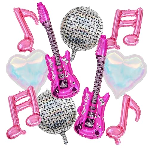 10 Pcs Pink Music Balloons Foil Music Note Balloon Iridescent Disco Guitar Balloons Music Party Decoration for Concert Music Themed Party Decorations