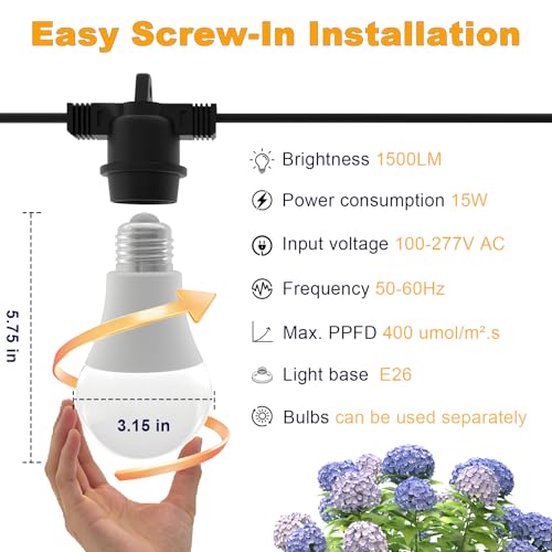 Image of LED Grow Light Bulbs with E26 Base, 45W Durable 12 ft String Grow Lights, Waterproof Hanging Full Spectrum A25 Plant Lighting for Seeds, Flowers, Succulents, Indoor & Outdoor Use (3 Lights)