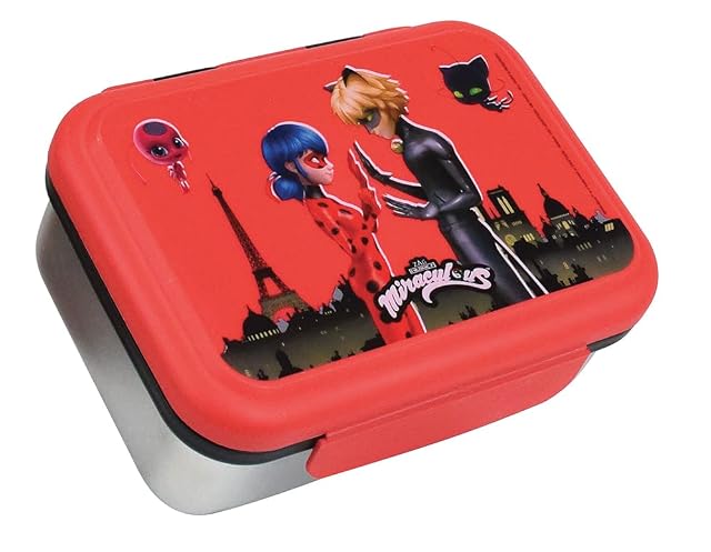 Fun House MIRACULOUS 006086 Ladybug - Caja de merienda (acero inoxidable, 6,5 x 17 x 13,5 cm), color rojo