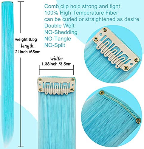 MQY COLOR 16 PCS 21 Inches Multi Colored Hair Extensions Clip in Kids Blue Pink Hairpieces Party Highlights DIY Hair Accessories for Girls Women (Sky blue+Hot pink) - Image 4
