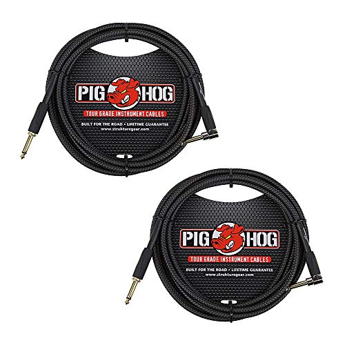Pig Hog PC-H10BKR 1/4' Right-Angle to 1/4' Black Woven Guitar Instrument Cable, 10 Feet (2-Pack)