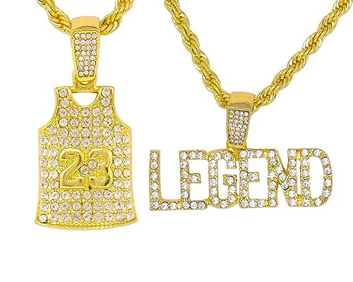 Iced Simulated Diamond 14K Gold Plated Basketball 23 Jersey & LEGEND Pendant & 4mm 24