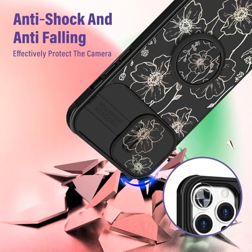 Image of Funermei for iPhone 14 Pro Max Case - Women Girls Cute Phone Cover Girly Pretty Aesthetic Black Floral Flower Unique Design with Camera Cover Funda for Apple for iPhone 14 Pro Max