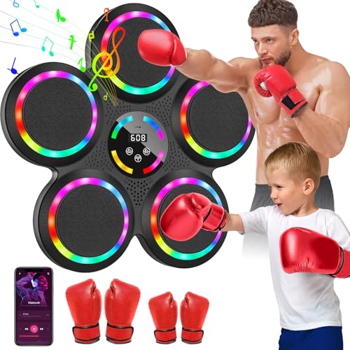 Music Boxing Machine, Elektronische Boxmaschine Musik Box Maschine mit 2 Paar Boxhandschuhen, LED-Farblichter, Bluetooth, 9 Geschwindigkeits und Trainingsmodi, Zählmodus, für Erwachsene und Kinder