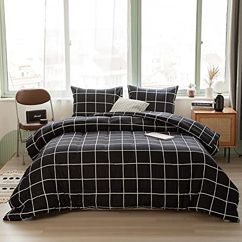 Bedbay Black Grid Queen Comforter Set 3 Pcs Black Plaid Comforter Queen Bedding Set Black And White Checkered Comforter Set For All Season(Black White, Queen) #TOP1