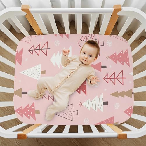 Image of Christmas Trees Pink Crib Sheets Soft Breathable Fitted Baby Crib Sheets Mattress Cover for Girl Boys, 52 inch x 28 inch x 9 inch
