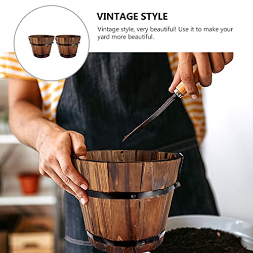 2Pcs Whisky Barrel Planter Wooden Succulent Plant Pot Rustic Wood Flower Pot Bucket Vintage Wine Barrel Planters For Outdoor Plants Halfbarrel Garden Planter #TOP7