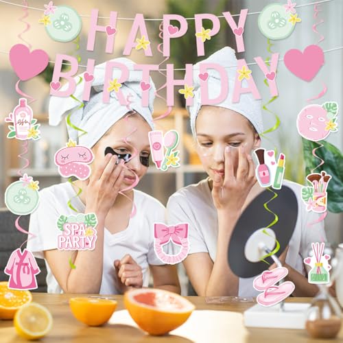 Image of Spa Birthday Party Decorations Include Spa Happy Birthday Banner Hanging Swirls Spa Day Theme Party Supplies For Girls