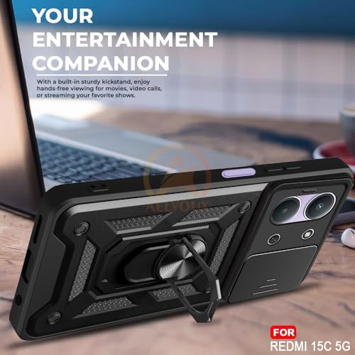 Image of Armor Bumper Back Cover Case for Redmi 15C 5G / Poco C85 5G Rotating Camera Cover, Ring Holder & Kickstand | Heavy Duty & 360 Degree Protection Redmi 15C 5G / Poco C85 5G Back Cover (Black)